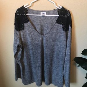 Old Navy grey black lace shoulder detail blouse XL